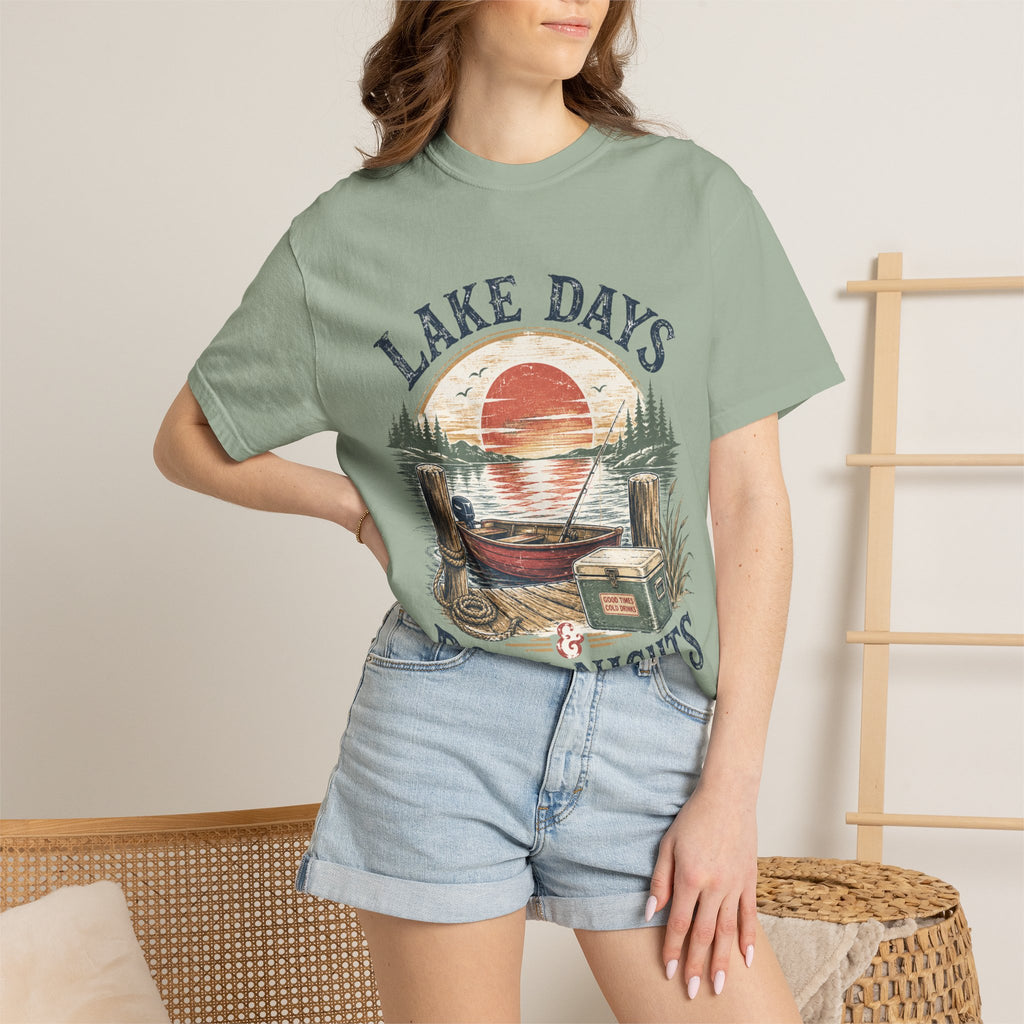 Lake Days Dock Nights T-Shirt — Retro Fishing & Sunset Dock Graphic