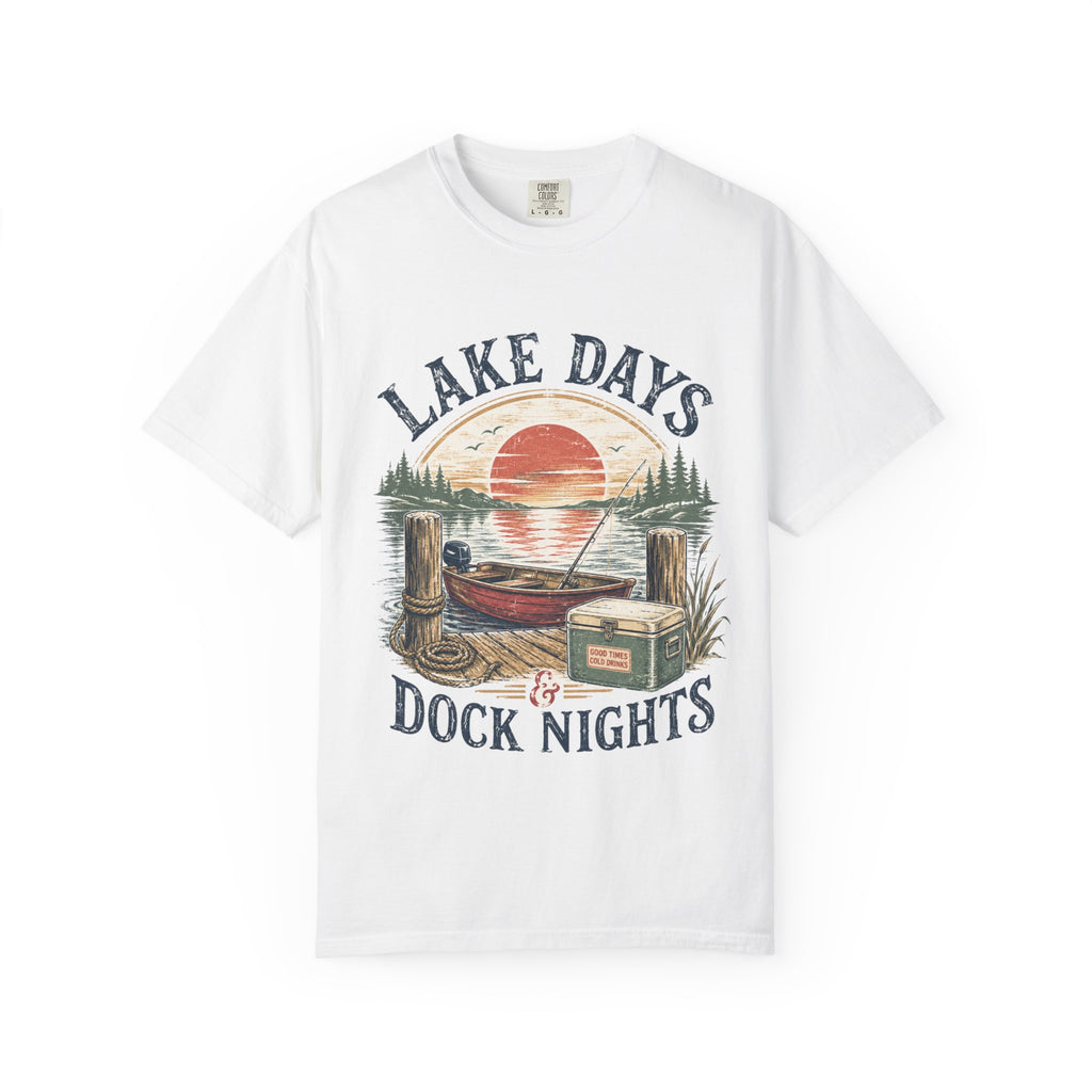 Lake Days Dock Nights T-Shirt — Retro Fishing & Sunset Dock Graphic