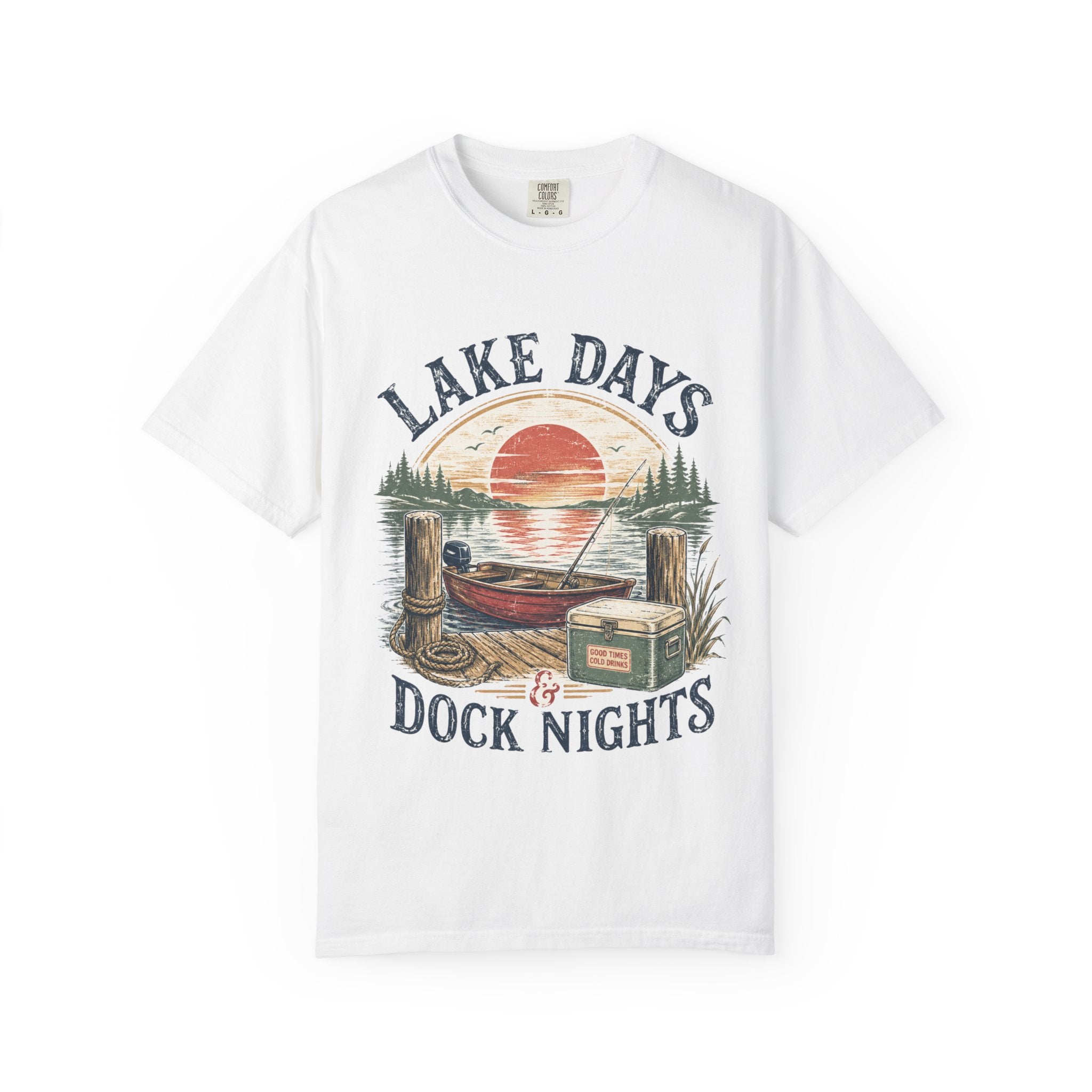 Lake Days Dock Nights T-Shirt — Retro Fishing & Sunset Dock Graphic