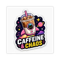 Caffeine & Chaos Kiss-Cut Sticker — Cute Cat Iced Coffee Space Design