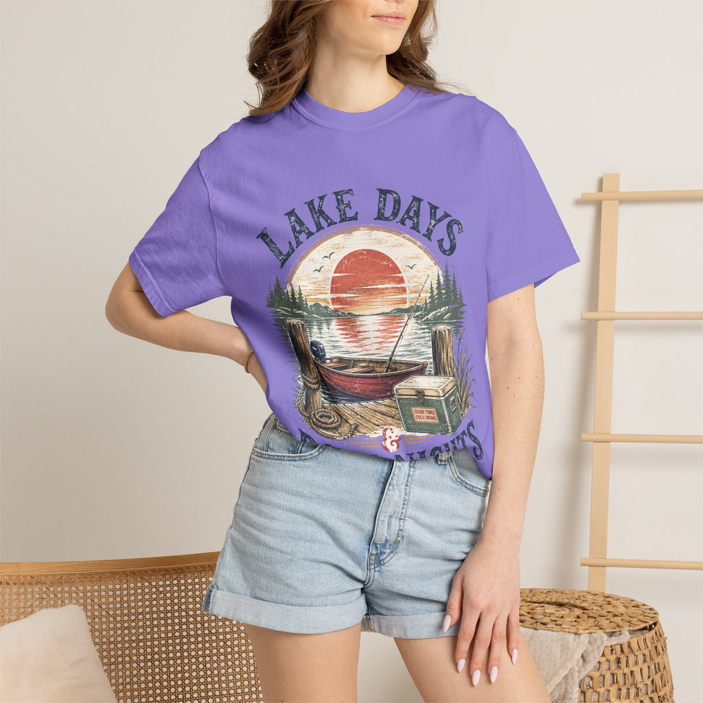 Lake Days Dock Nights T-Shirt — Retro Fishing & Sunset Dock Graphic